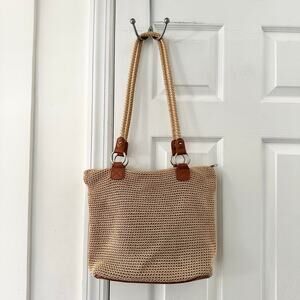 The Sak Solid Beige Crochet Cambria Shoulder Tote Top Zip Rope Straps Tan Trim